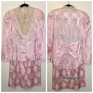 Vintage 80s Coquette Two Piece Pink Brocade Skirt Suit Large Back Bow Lace (1)